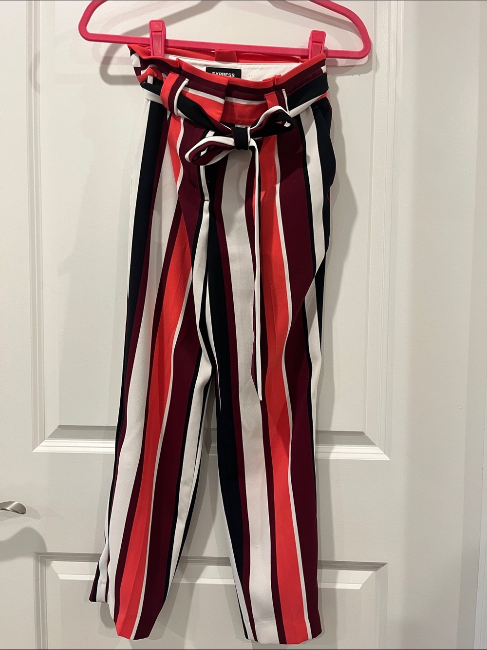Express Red, Black & White Vertical Stripe Paperbag Pants